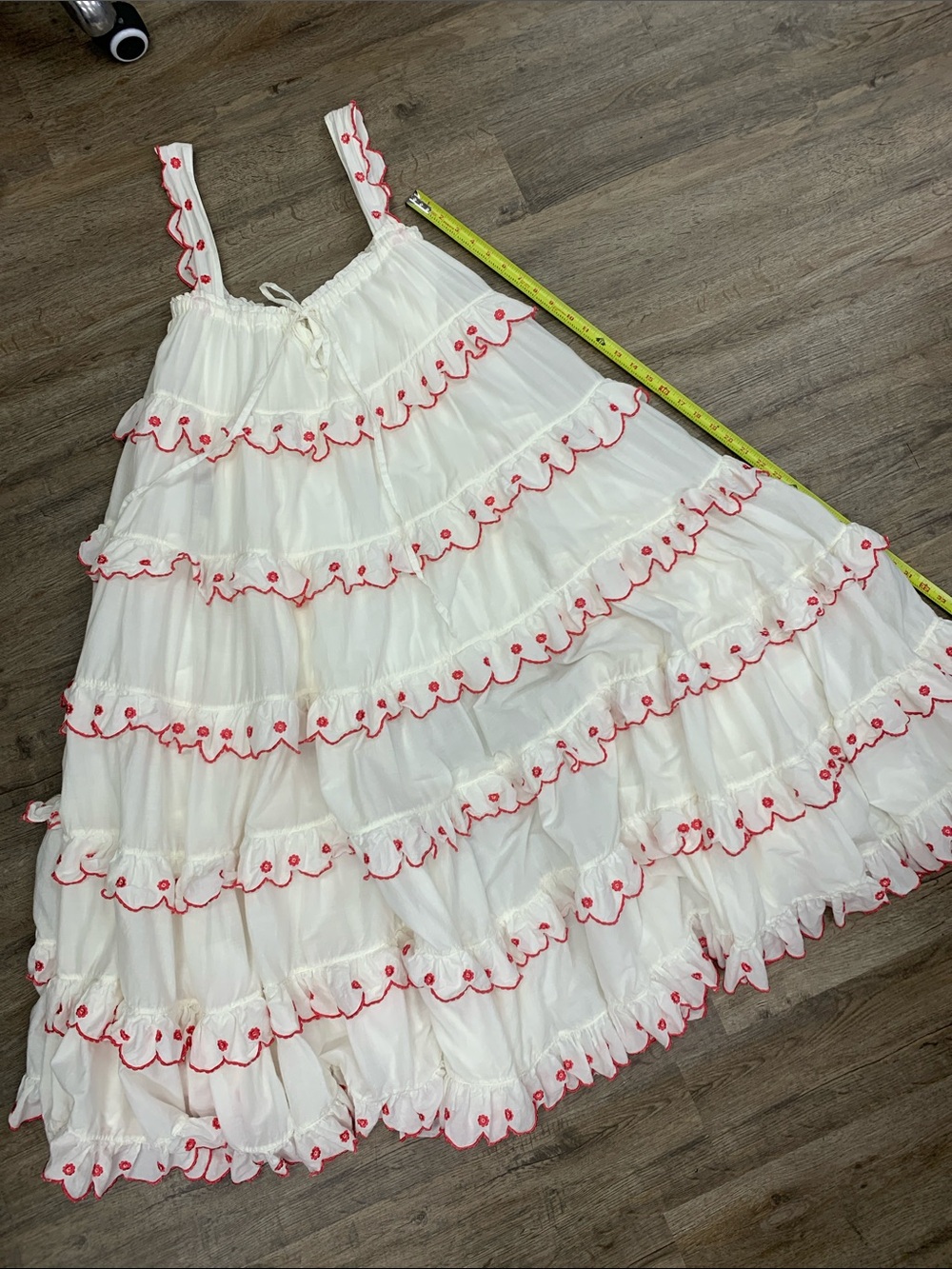 White Maxi Ruffle Dress with Red Trim OS